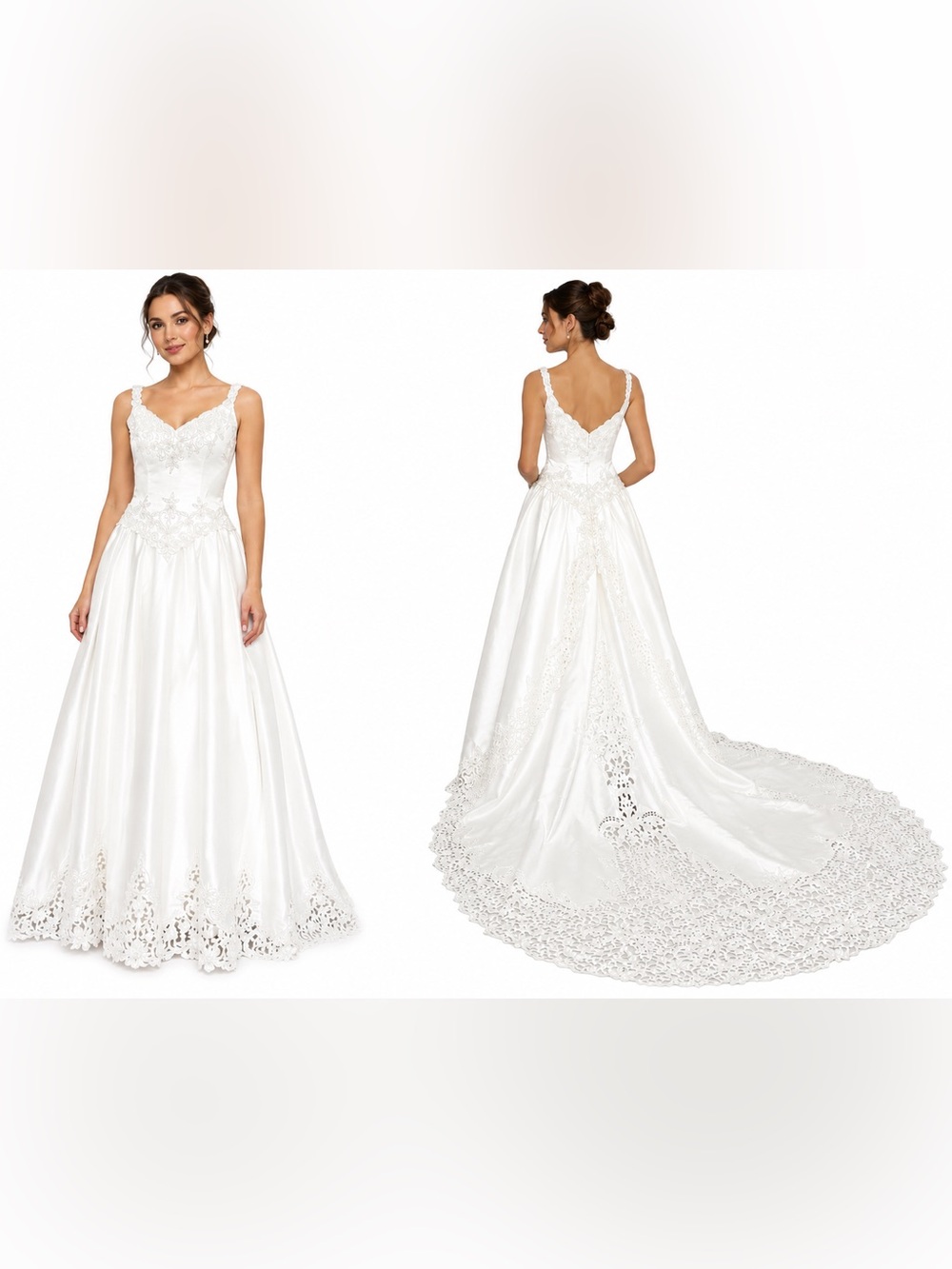 New Emme Bridal 8012 Satin Wedding Gown with Removable Cathedral Train Sz 10